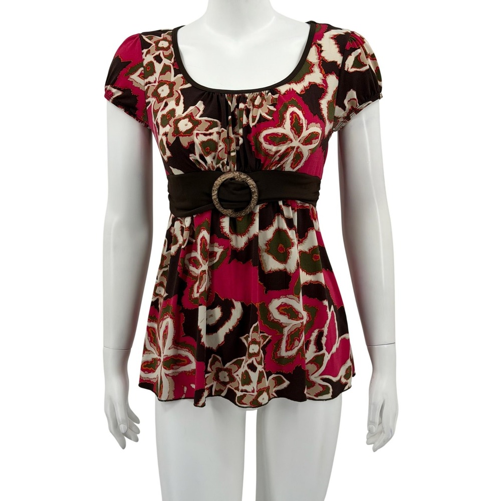 IZ Byer Top Womens Large Pink Brown Floral Stretch Babydoll Summer Y2K Vintage